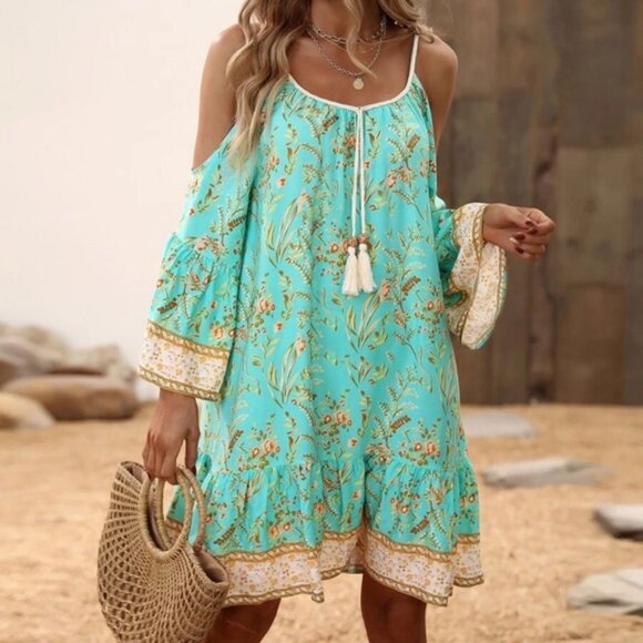 Boho Floral Print Cold Shoulder Mini Dress - Picture 1 of 13